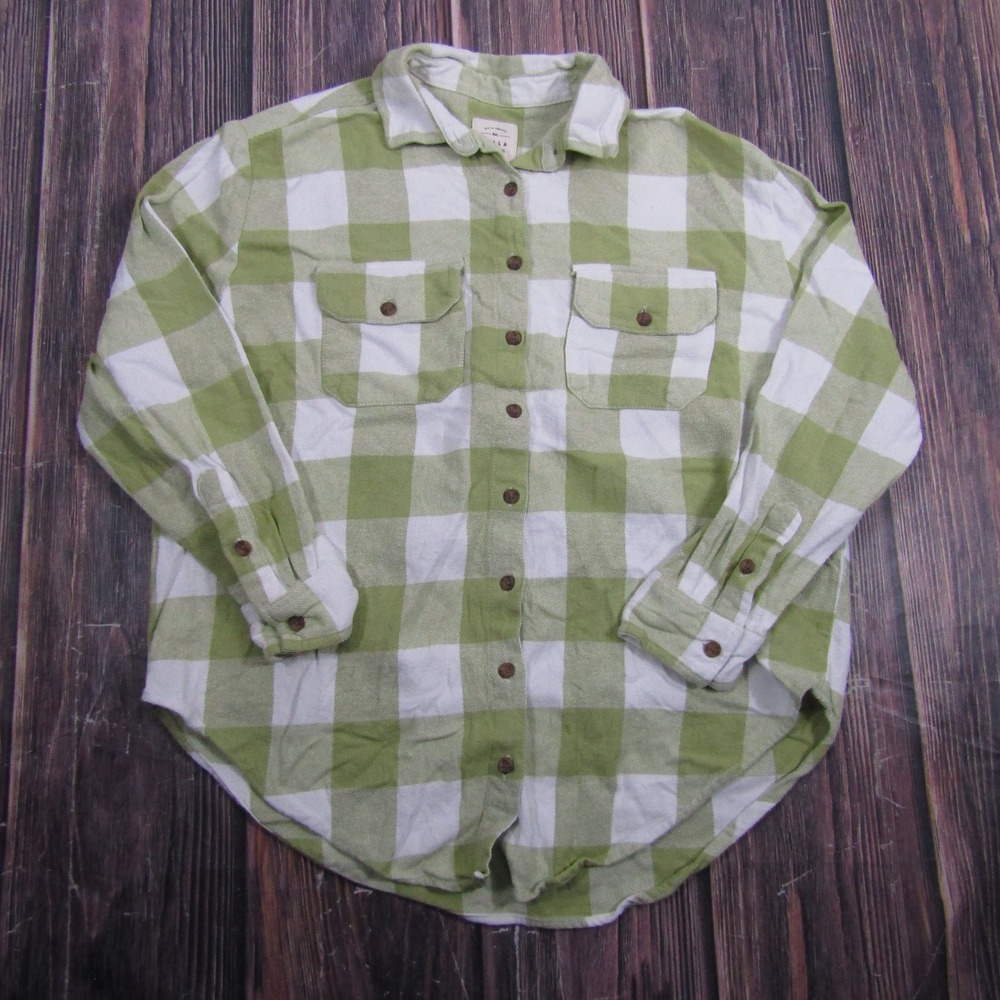 Billabong Flannel Shirt Womens Small Green White Plaid Cotton Button Down Top
